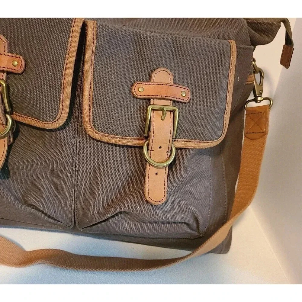 FOSSIL DUFFEL 1954 LONG LIVE VINTAGE LEATHER GREEN CANVAS MILITARY STYLE BAG LG